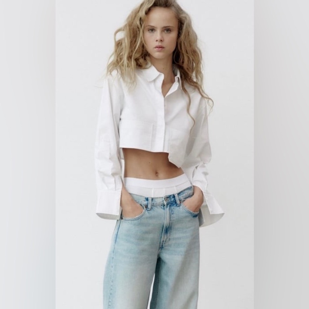 Zara White Cropped Button-Up Shirt